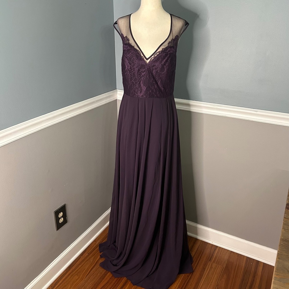 Hayley Paige Occasions 5750 Plum Purple Lace Chiffon formal Dress 10